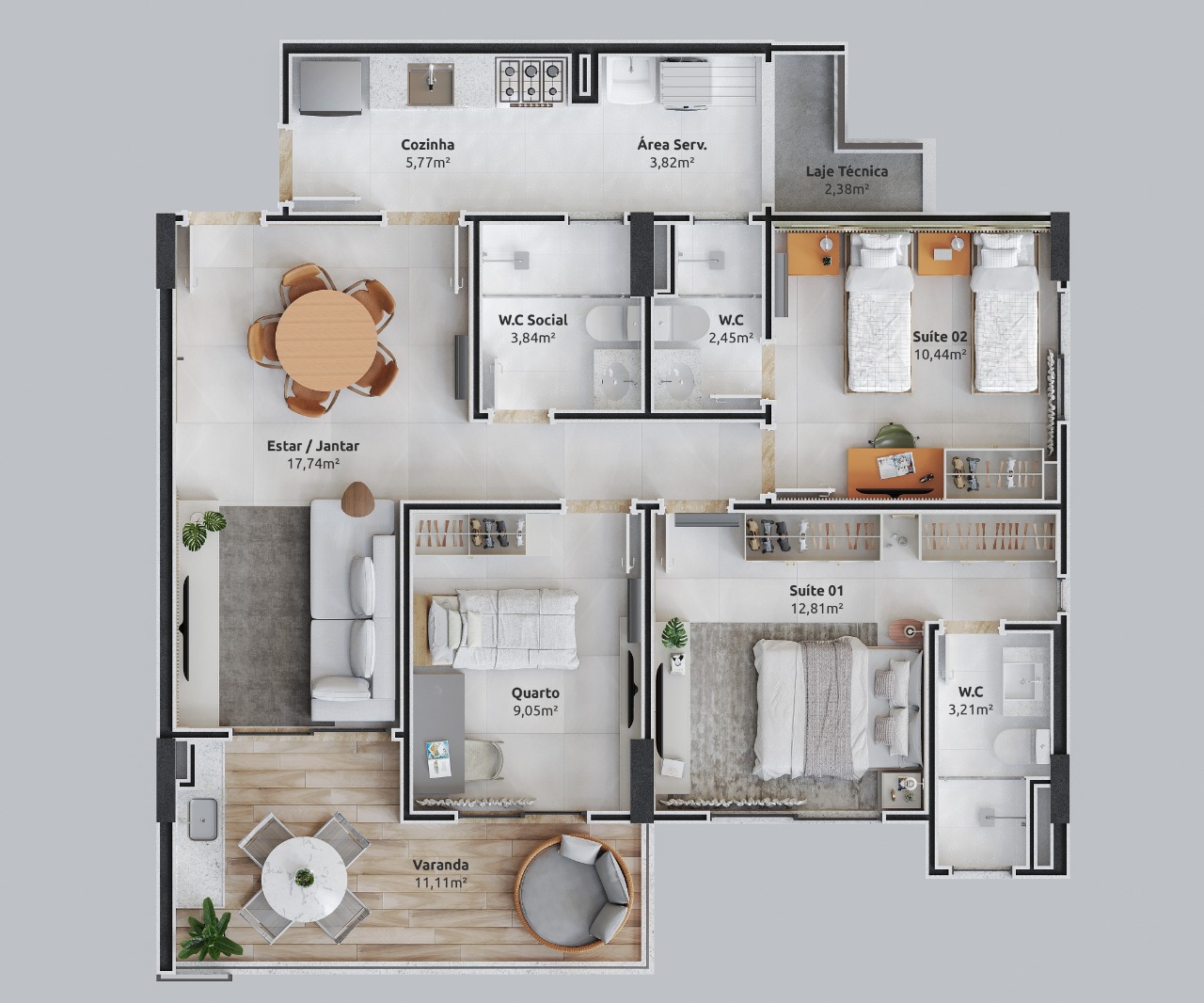 Apartamento com Três Quartos