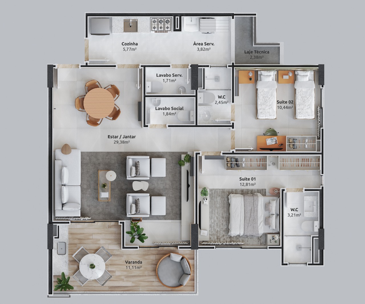 Apartamento com Living Room Ampliado