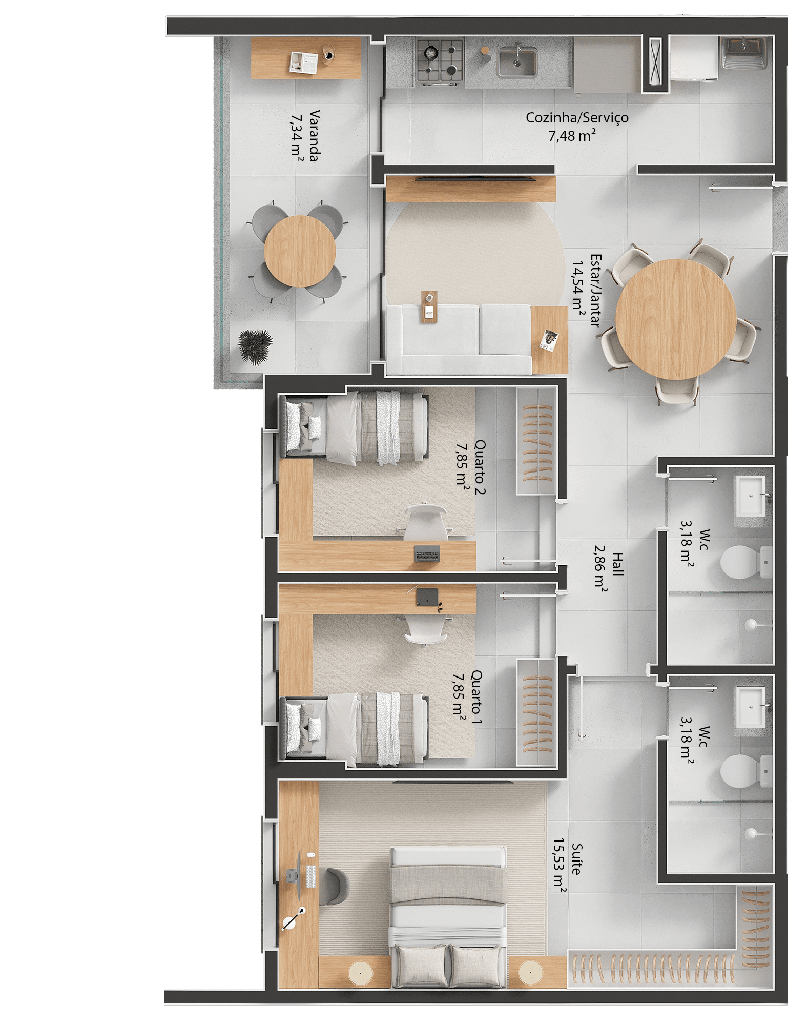 Apartamento de 83m² - Três Quartos